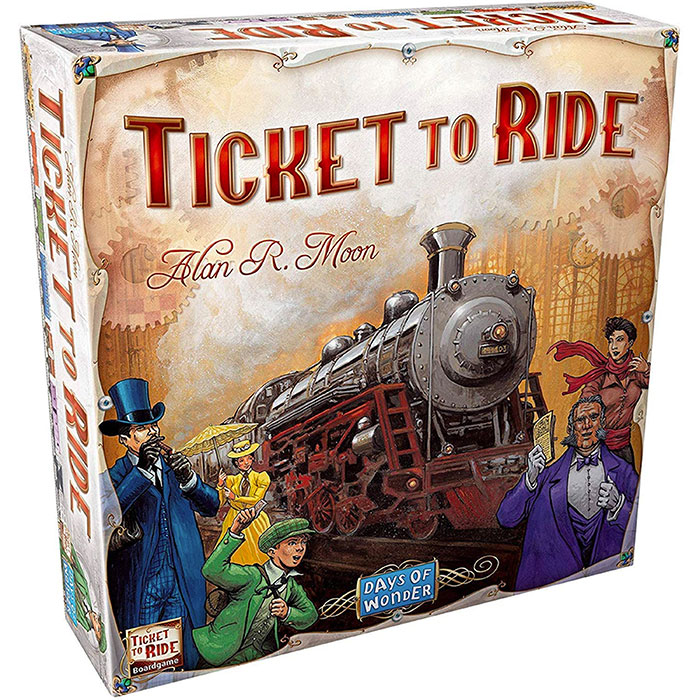 Ticket to Ride board game box featuring a vintage train and illustrated characters, popular strategy board game for cozy evenings.