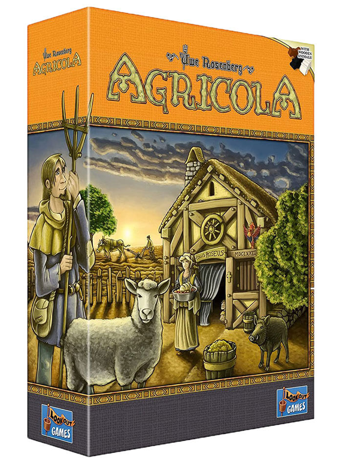 Agricola strategy board game box featuring farm scenes with a shepherd, sheep, woman, and wooden animals at sunset.