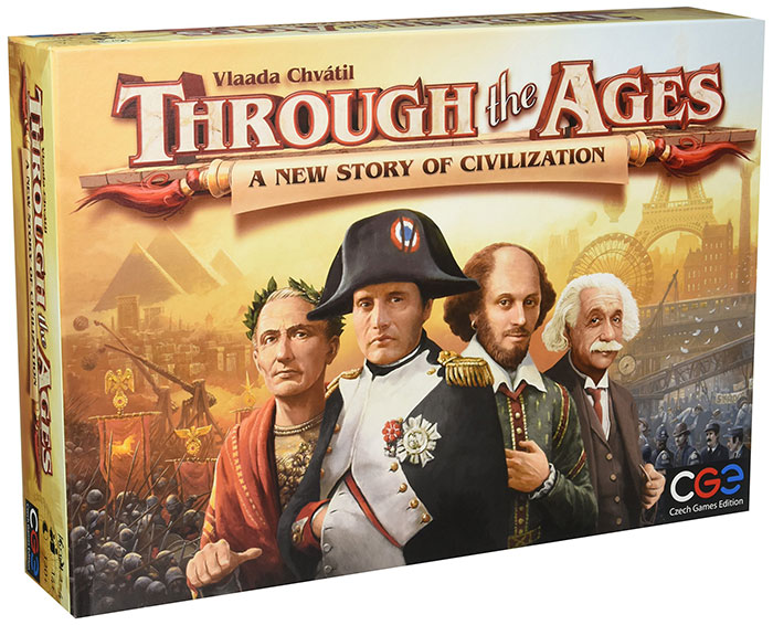 Through the Ages strategy board game box featuring historical figures and civilization themes for cozy game evenings.