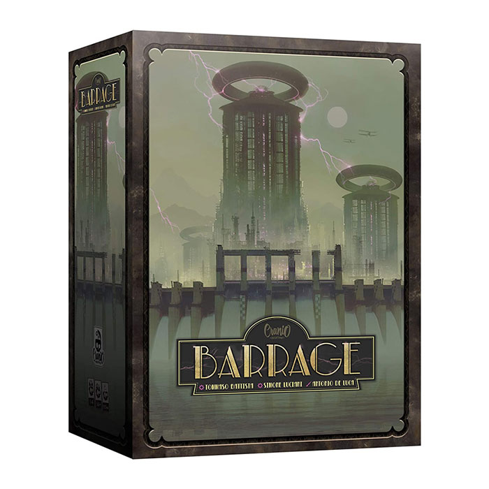 Strategy board game Barrage box showing futuristic dam and power generators with lightning in the background on a misty evening.