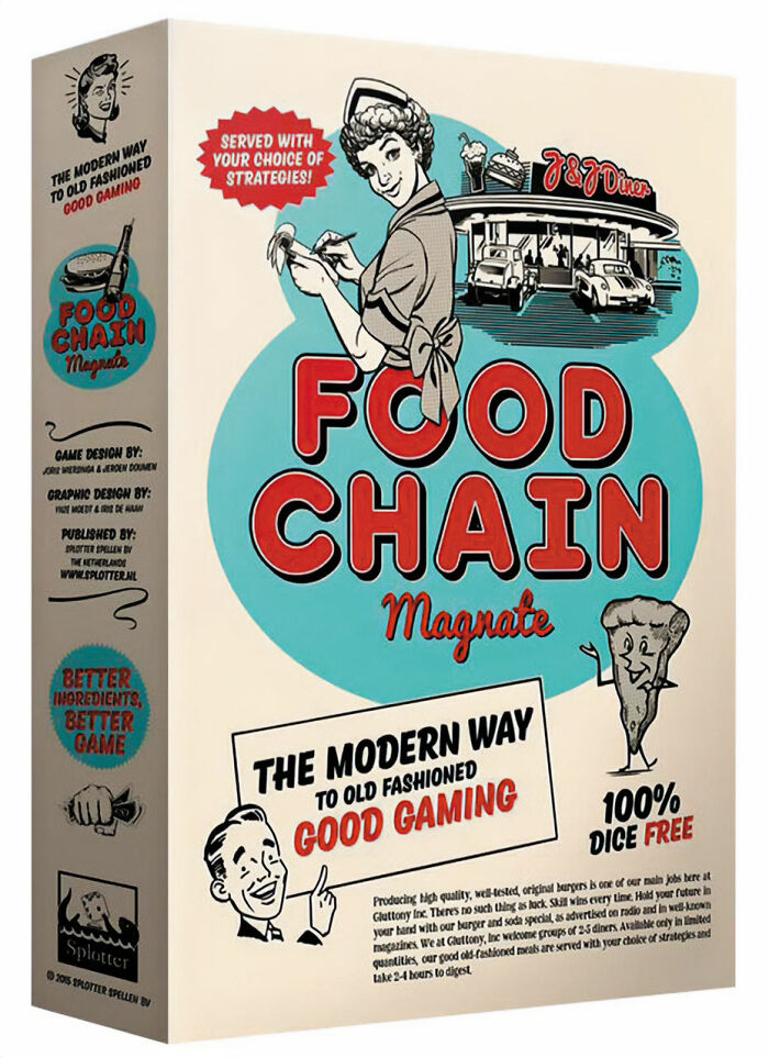 Food Chain Magnate strategy board game box with retro diner theme and vintage illustrations on a beige background.