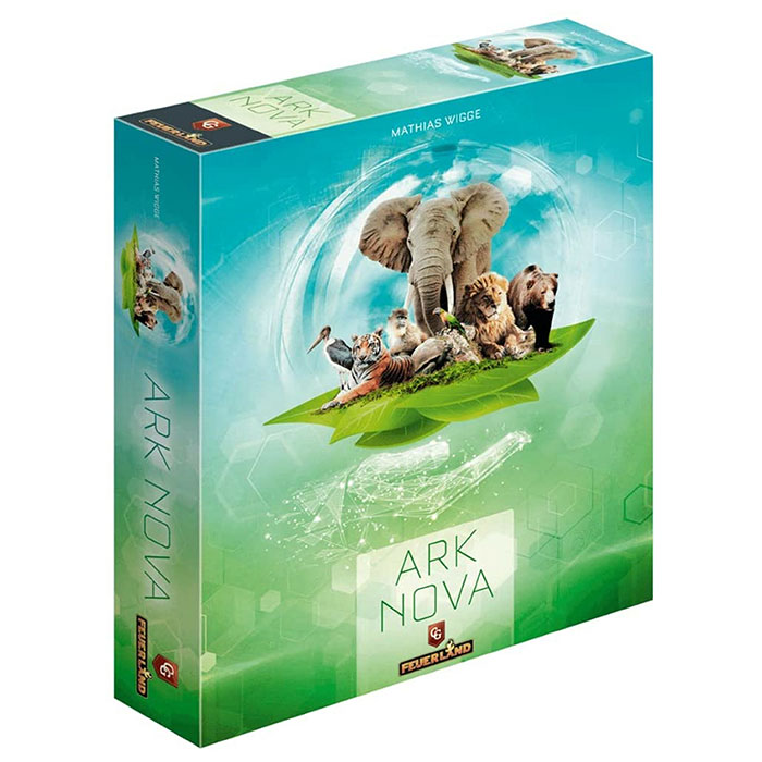 Ark Nova strategy board game box featuring animals like elephant, tiger, and lion on a green and blue background.