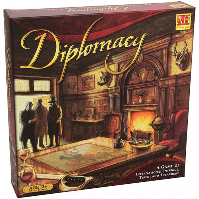 Diplomacy strategy board game box featuring vintage design, cozy room setting, and game map on the table.