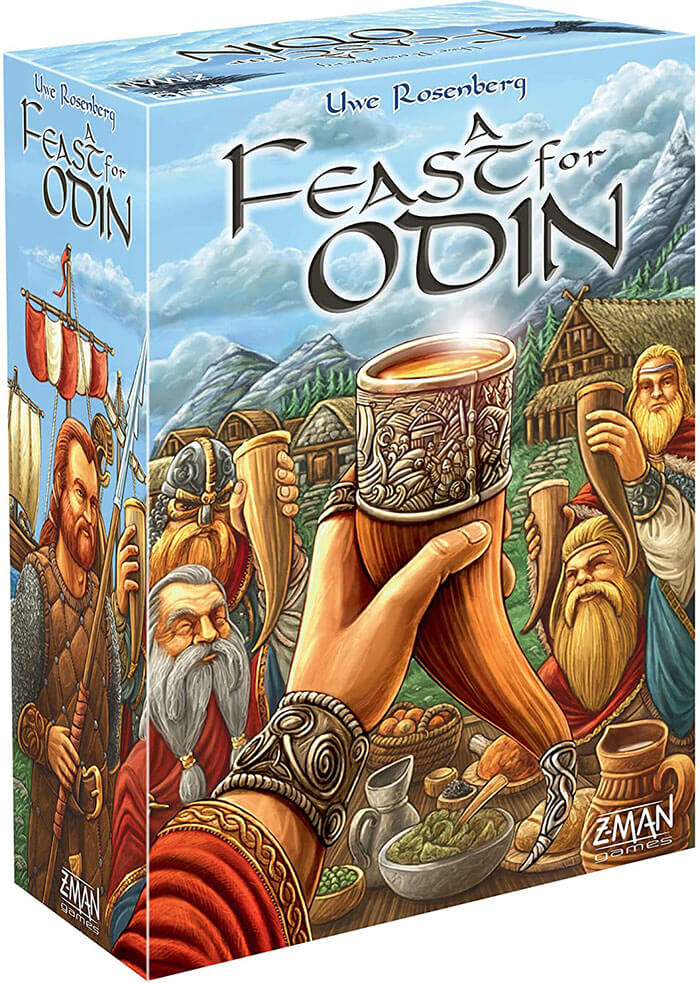 A Feast for Odin strategy board game box showing Norse-themed artwork and characters celebrating with horns.