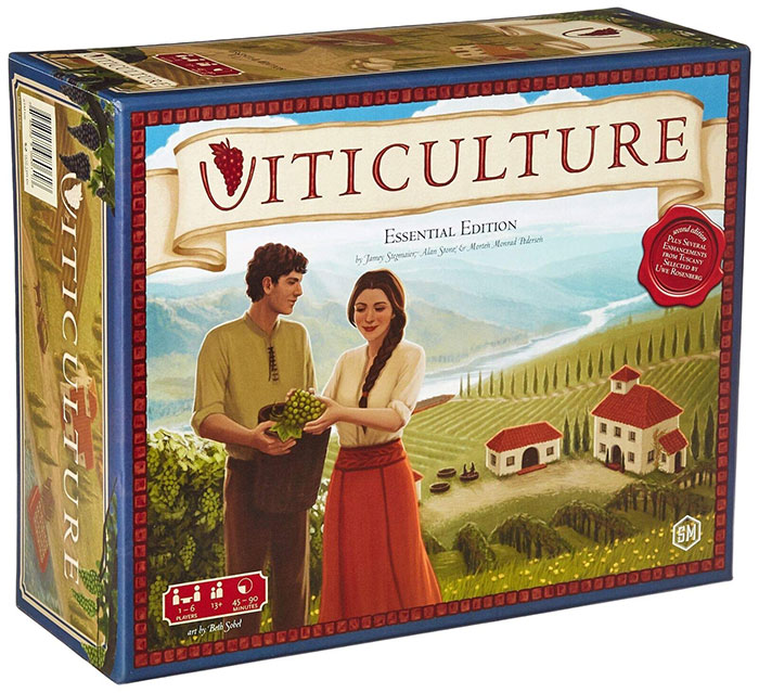 Viticulture strategy board game box featuring a vineyard scene with two characters holding grapes.