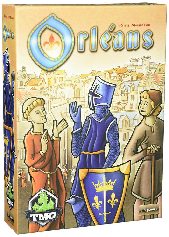 Box cover of the Orleans strategy board game featuring medieval characters in a historic town setting.
