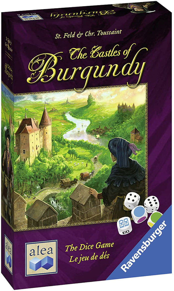 The Castles of Burgundy strategy board game box with dice and medieval landscape illustration.