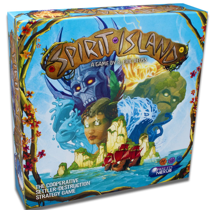 Spirit Island board game box featuring cooperative strategy gameplay with island spirits and a ship on the water for strategy board games.
