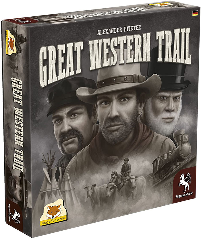 Great Western Trail strategy board game box featuring western characters, cattle, and a train for cozy evening play.