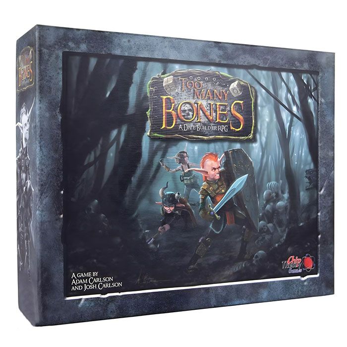 Board game Too Many Bones box featuring fantasy characters, perfect for strategy board games on long cozy evenings.