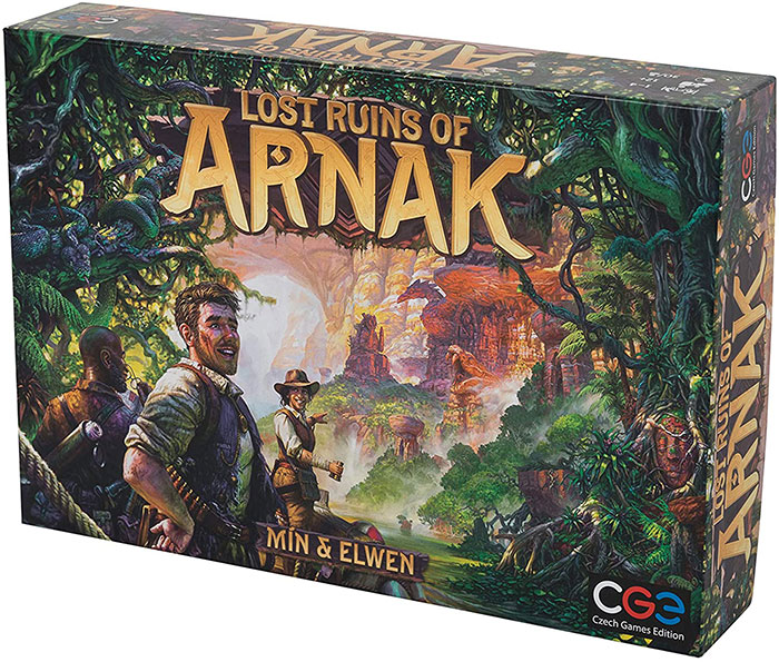 Lost Ruins of Arnak strategy board game box featuring explorers in a jungle setting for cozy evening gameplay.