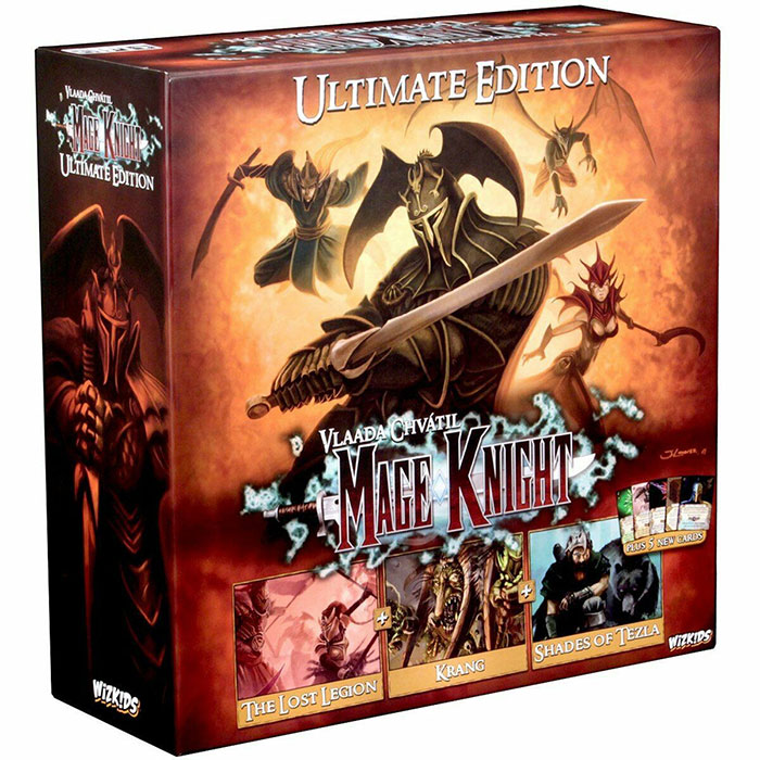 Mage Knight strategy board game box featuring fantasy warriors and detailed artwork for long cozy evening play.