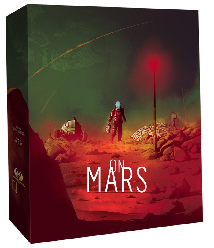 Box cover of strategy board game On Mars featuring an astronaut and futuristic colony structures on a red rocky landscape.