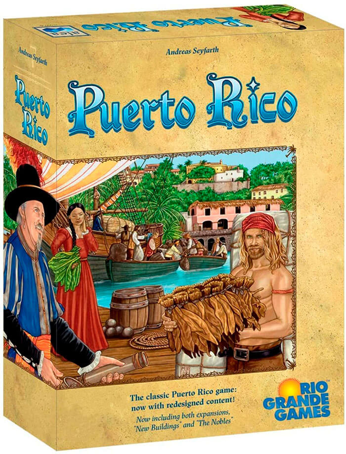 Puerto Rico strategy board game box featuring detailed colonial artwork and characters by a harbor scene.
