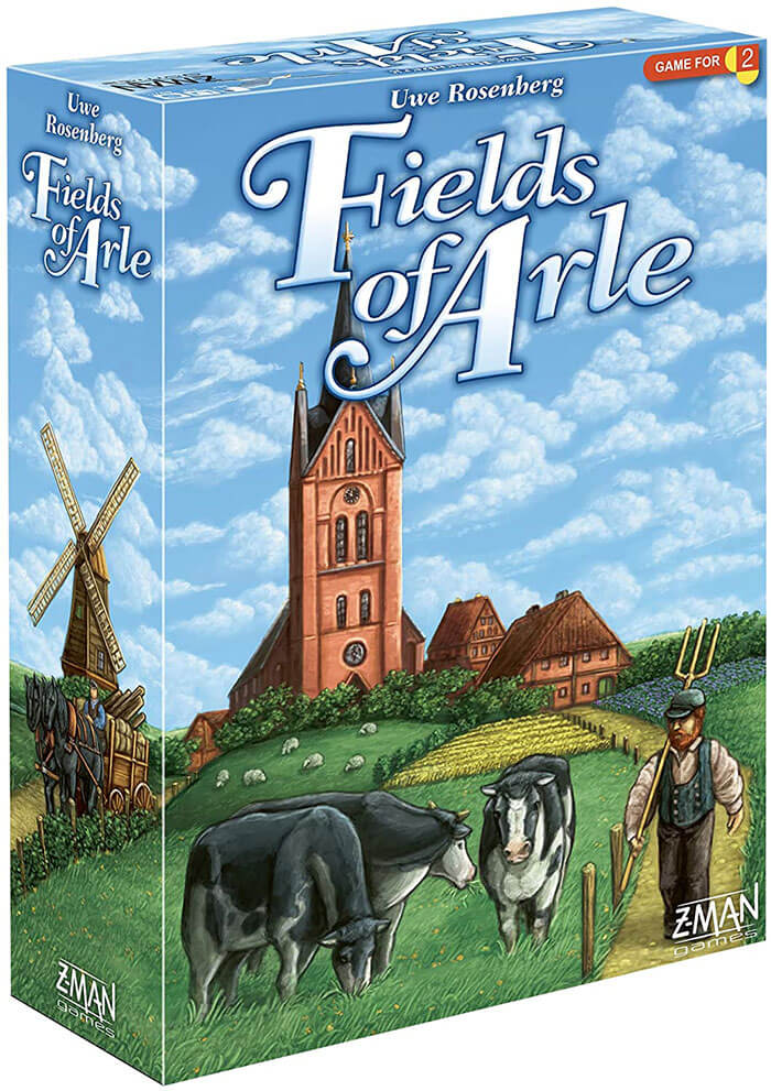 Fields of Arle strategy board game box with farm and countryside scene, suitable for cozy evening gameplay sessions.