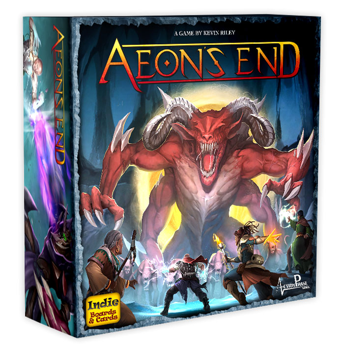 Aeon's End strategy board game box featuring fantasy battle scene with heroes and a demon for cozy evening play.