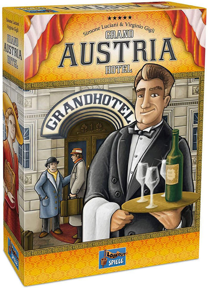 Grand Austria Hotel strategy board game box featuring a waiter holding a tray with wine and glasses in front of a hotel entrance