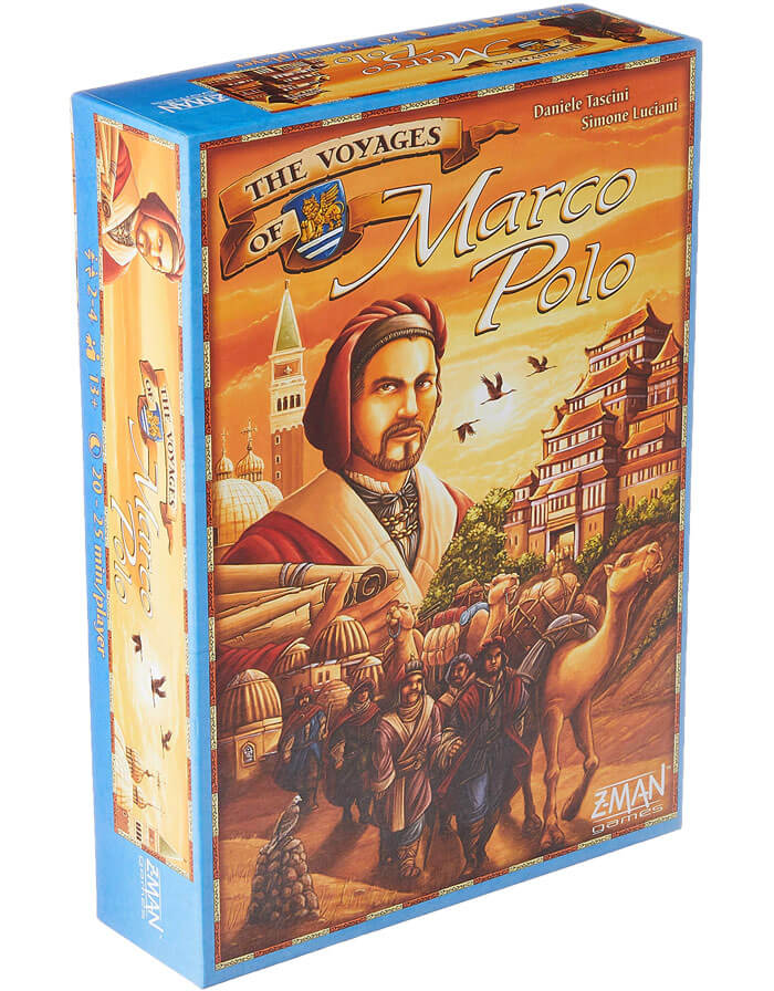 Box of the strategy board game Marco Polo featuring historical caravan and travelers, ideal for long cozy evenings play.