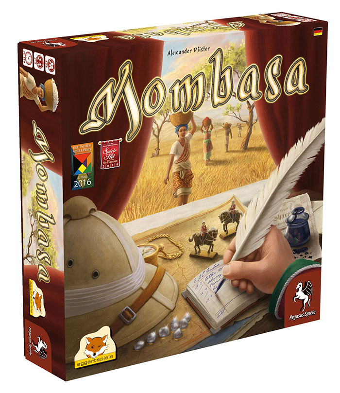 Mombasa board game box featuring strategy board game elements for long cozy evenings of gameplay and planning.