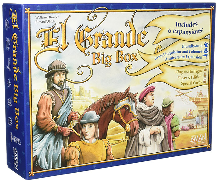 El Grande Big Box strategy board game with six expansions, historical theme, and detailed character artwork on the box cover.