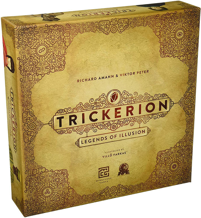 Board game Trickérion Legends of Illusion box with intricate designs, a popular strategy board game for cozy evenings.