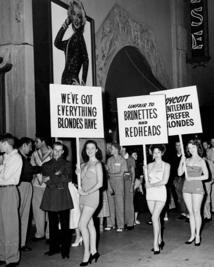 Brunettes And Redheads 'Protesting' At The Hollywood Premiere Of The Film “Gentlemen Prefer Blondes” In 1953