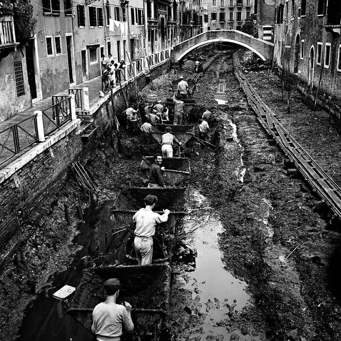 A Canal Being Drained And Cleaned In Venice, Italy, 1956. Photo By Bill Perlmutter