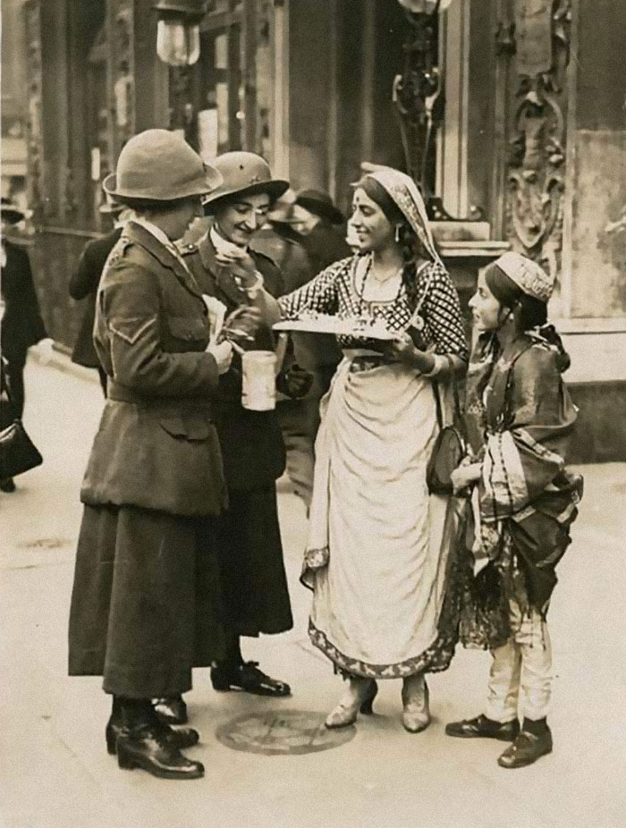 Two Sisters Selling Flags During World War I To Raise Money For Indian Soldiers, C. 1914-18