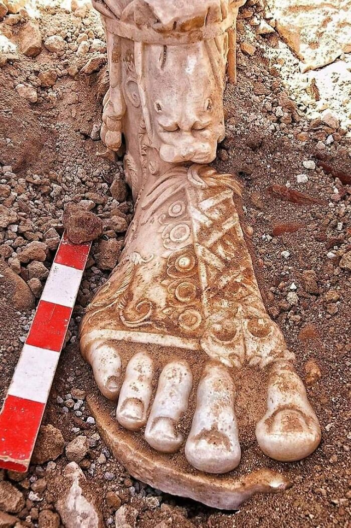 Lower Part Of A Leg And Foot With A Sandal Of The Statue Of Roman Emperor Marcus Aurelius (Reign 161-180 A.d.) Found At Sagalassos, Turkey In 2008