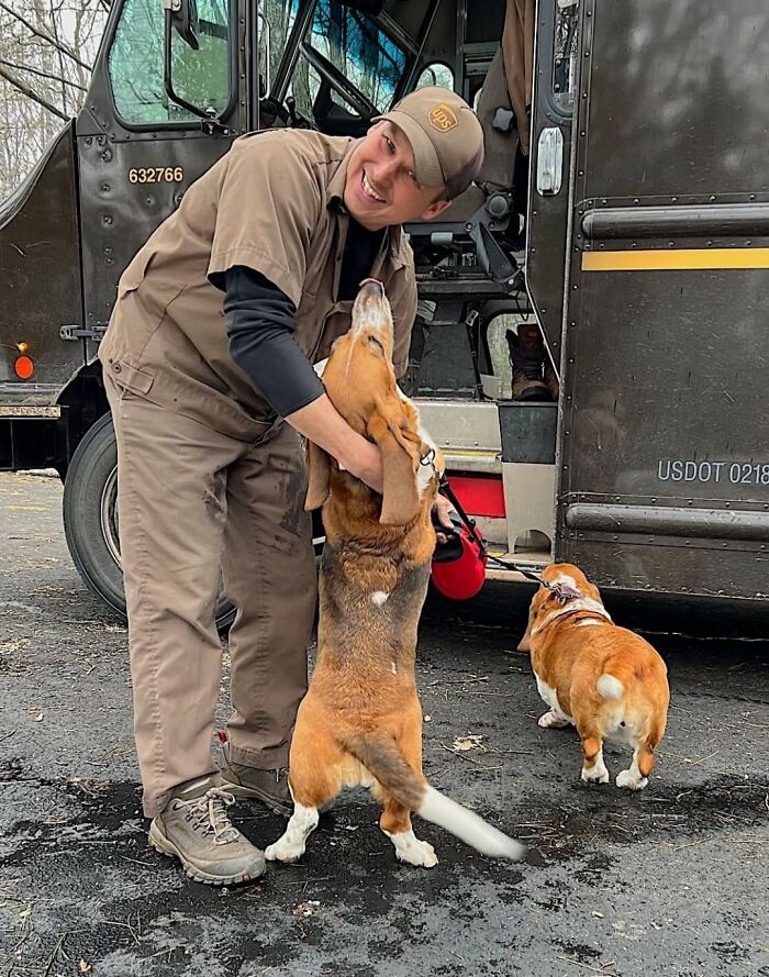 These Are Our Girls Lucy And Ethel (They Are Sisters) With Our UPS Driver Amos...they Love Him! We Live In Manitowish Waters In Far Northern Wi
