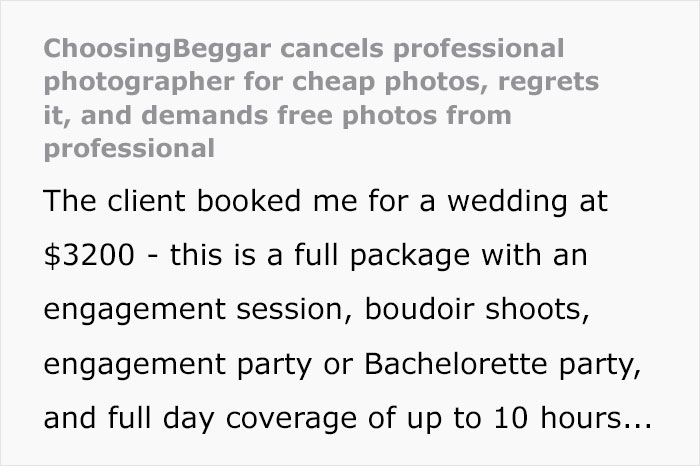 Bride Cancels Photographer For $3200 Because She Found Someone For $50, Regrets Her Decision And Asks Them To Do A Photoshoot For Free