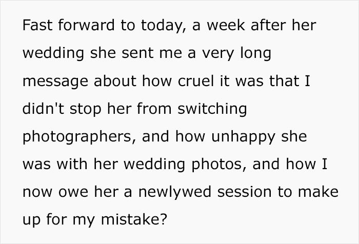 Bride Cancels Photographer For $3200 Because She Found Someone For $50, Regrets Her Decision And Asks Them To Do A Photoshoot For Free Bride Cancels Photographer For $3200 Because She Found Someone For $50, Regrets Her Decision And Asks Them To Do A Photoshoot For Free