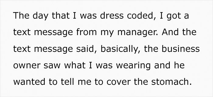 Plus-Size Woman Quits Job After Being Told To 'Cover Her Stomach' Despite All Of Her Petite Coworkers Wearing Similar Clothes Plus-Size Woman Quits Job After Being Told To 'Cover Her Stomach' Despite All Of Her Petite Coworkers Wearing Similar Clothes
