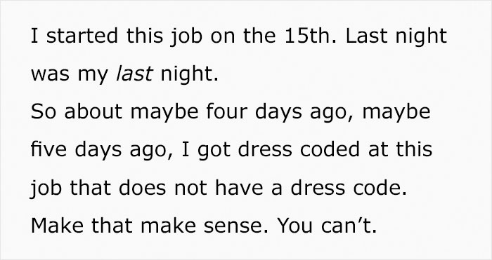 Plus-Size Woman Quits Job After Being Told To 'Cover Her Stomach' Despite All Of Her Petite Coworkers Wearing Similar Clothes Plus-Size Woman Quits Job After Being Told To 'Cover Her Stomach' Despite All Of Her Petite Coworkers Wearing Similar Clothes