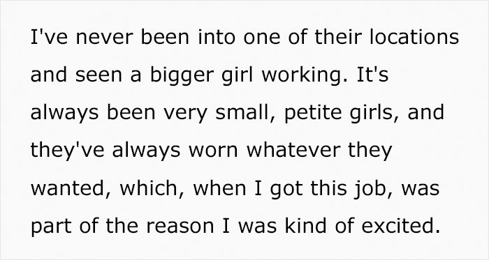 Plus-Size Woman Quits Job After Being Told To 'Cover Her Stomach' Despite All Of Her Petite Coworkers Wearing Similar Clothes Plus-Size Woman Quits Job After Being Told To 'Cover Her Stomach' Despite All Of Her Petite Coworkers Wearing Similar Clothes