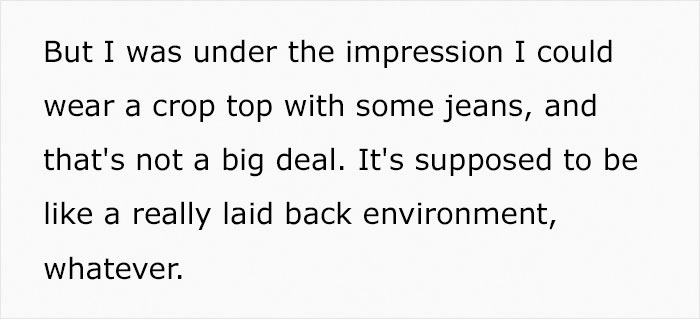 Plus-Size Woman Quits Job After Being Told To 'Cover Her Stomach' Despite All Of Her Petite Coworkers Wearing Similar Clothes Plus-Size Woman Quits Job After Being Told To 'Cover Her Stomach' Despite All Of Her Petite Coworkers Wearing Similar Clothes