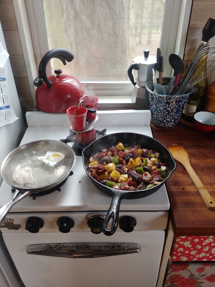 First Breakfast In The Tiny House I Built Myself. Poached Eggs, Breakfast Scramble And Espresso. Old Princess Stove Recovered From A1950's Rv