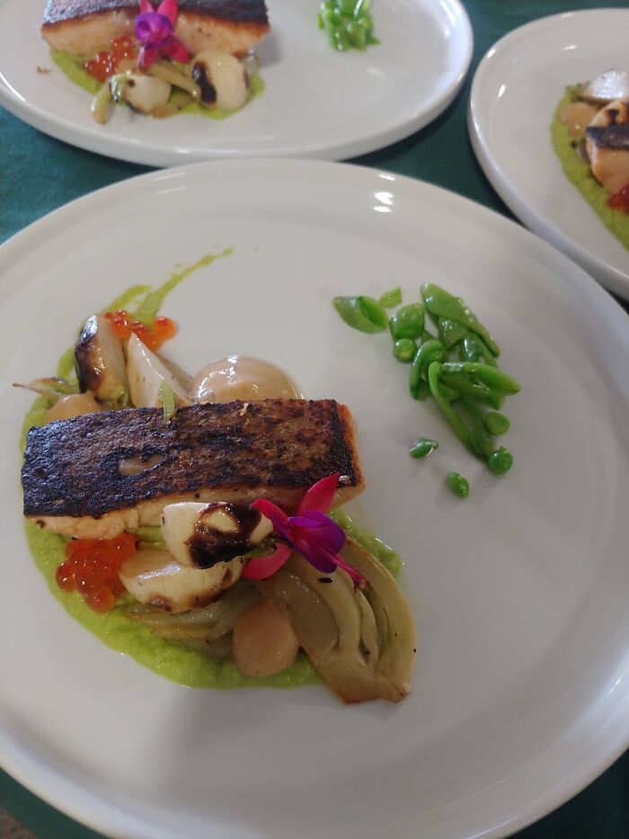 Seared Chinook Salmon, Pea Puree, Grilled Spring Vegetables, Smoked Morel Foam And King Salmon Roe