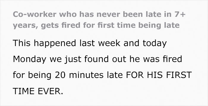 Longtime Worker Gets Fired For Being Late For The First Time Ever, So His Colleagues Let The Boss Know They're Not Disposable