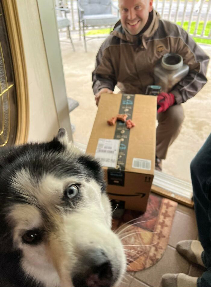 Keisha Receiving Her Treats From Her UPS Driver, Chris. Taberg, NY