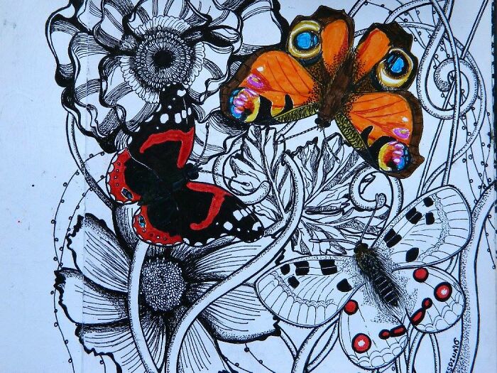 I Draw Zendagles, In My Free Time! The Pictured One, Contains Some Flower And Leaves Patterns, As Well Some Butterflies Of Greece, A Vanessa Atalanta, An Aglais Io And A Rare Parnassius Apollo. I Hope You Like It!