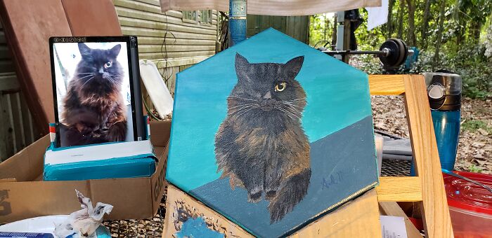 Acrylic On Canvas - My Daughter's One- Eyed Cat (Painting On The Right And The Photo I Worked From On The Left.)