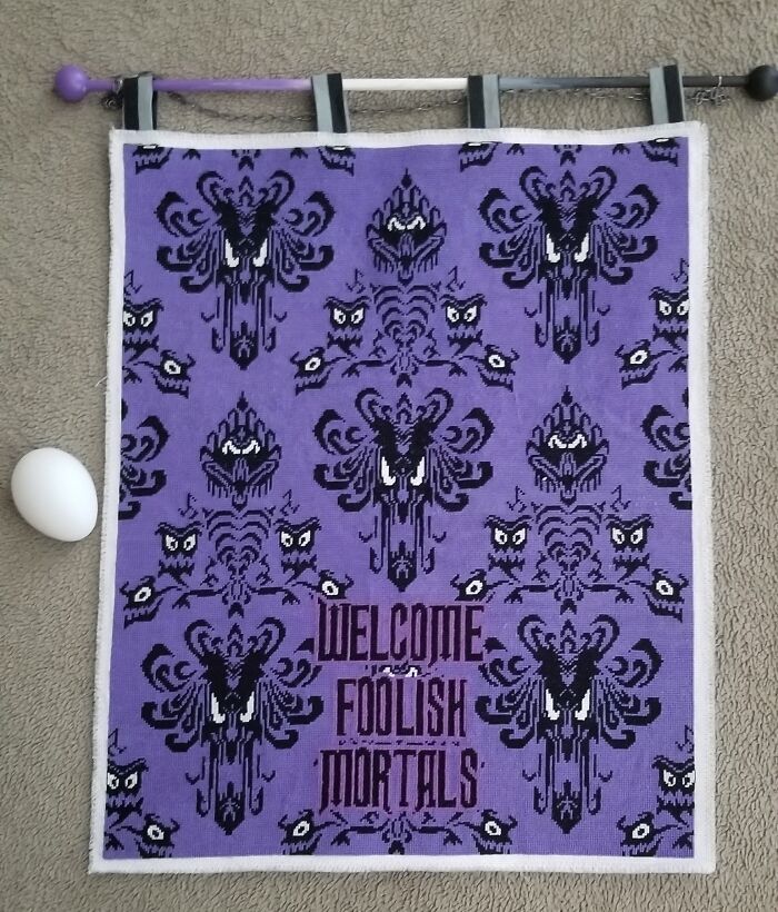 Haunted Mansion Banner (Counted Cross Stitch, 18 Ct White Aida, Egg For Scale)