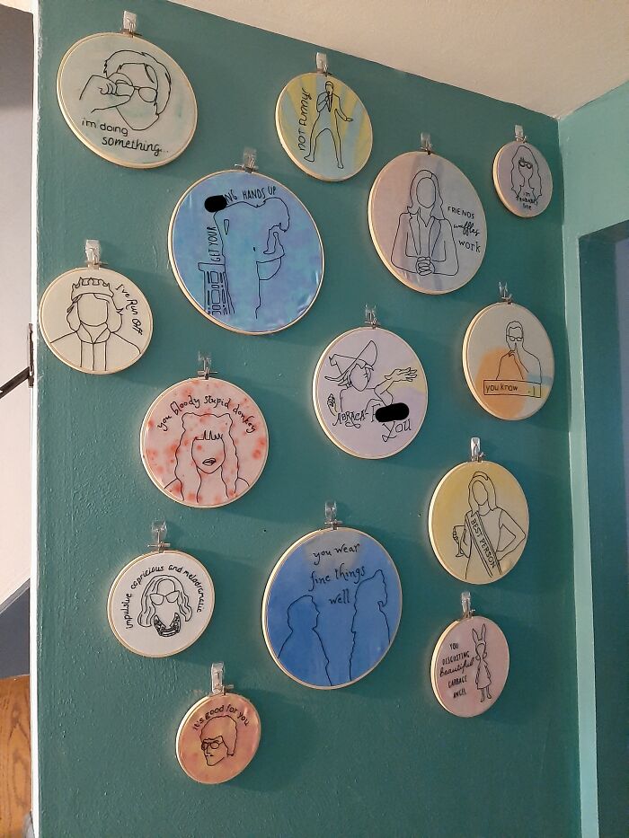 I Call This My Wall Of Hyperfixations, Bad Needlepoints Of Media My Adhd Brain Has Latched Onto. (I'm A Huge Proponent Of Being Bad At Something And Doing It Anyway Bc It Makes You Happy.)