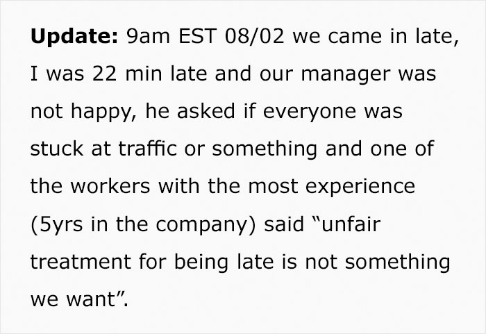 Longtime Worker Gets Fired For Being Late For The First Time Ever, So His Colleagues Let The Boss Know They're Not Disposable Longtime Worker Gets Fired For Being Late For The First Time Ever, So His Colleagues Let The Boss Know They're Not Disposable