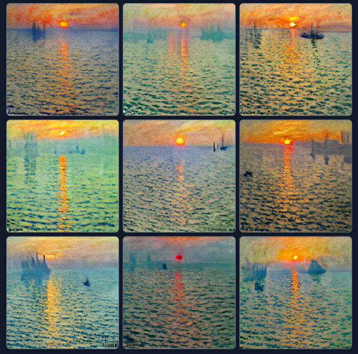 Sunrise On The Sea X 9 In The Style Of Monet, *obviously* Not My Original Work, Just My Original Ai Creation...