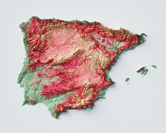 Exaggerated Relief Map Of Spain & Portugal