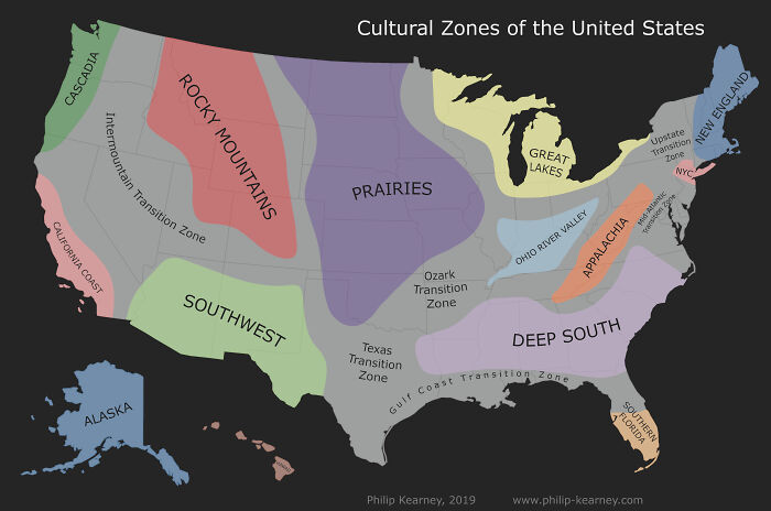 Since Us Cultural Regions Are A Hot Topic, Wanted To Share A Map I Made A Couple Of Years Ago That "Mashes Up" The Most Popular Us Cultural Region Maps From Reddit In Order To Identify Core Regions And Transition Zones