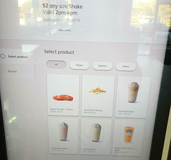 Used The $2 Milkshake Coupon At Mcdonald’s. Fried Onions And Tomato Slices Were Listed As Available Options