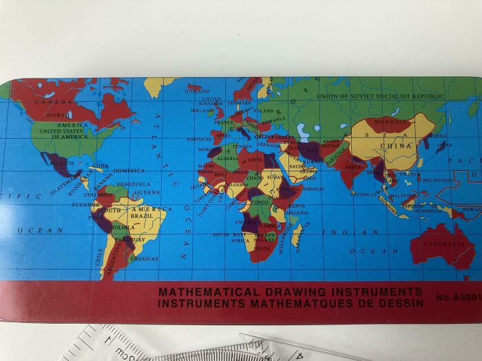 Bought This Geometry Set For My Son, To Help Him In School. Comes With This Map Of The World That Has So Many Countries Spelt Incorrectly. I Don't Know What Country Yogo Is In Europe, But It's There. Panama Is Spelt Banama, But I Suppose They Do Grow Bananas There. Vietnam Is Shown As An Island